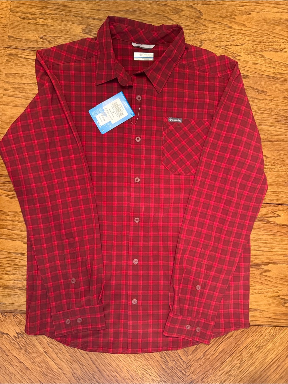 Columbia Men's Red and Dark Red Plaid Button-Down Shirt